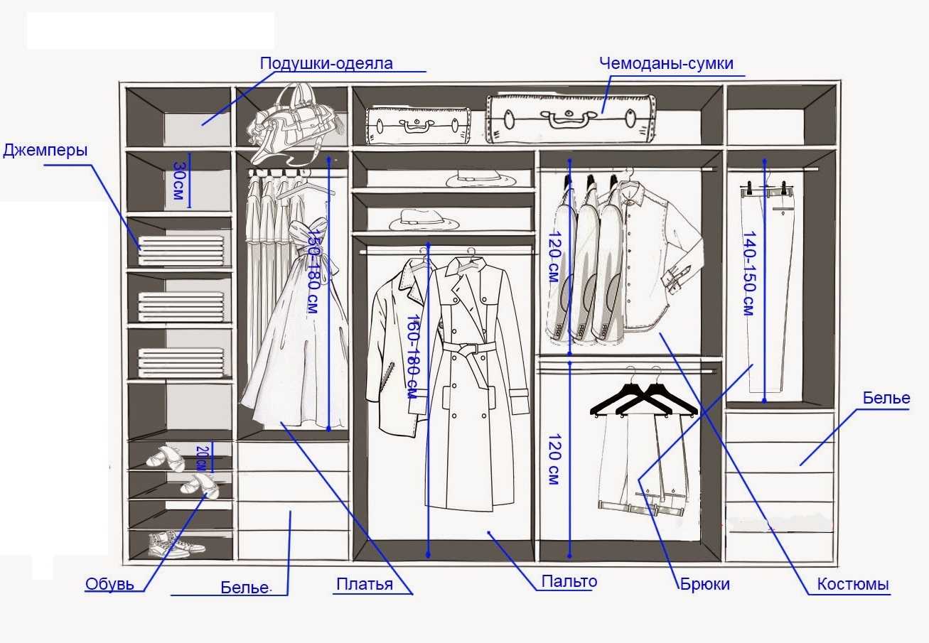 Пример организации пространства в гардеробной комнате (с указанием минимальных размеров для разных видов одежды)